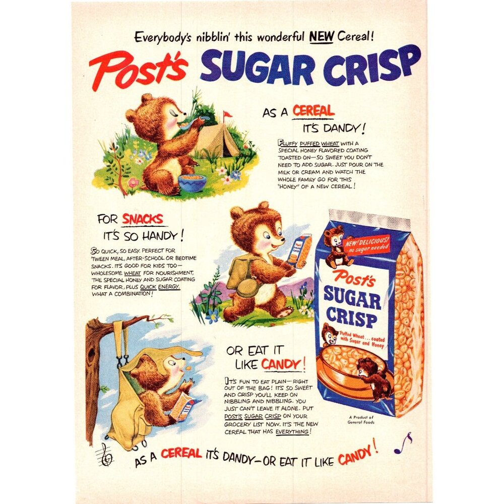 1950 Post Sugar Crisp Cereal Vintage Print Ad Little Baby Bear Cartoon Wall Art